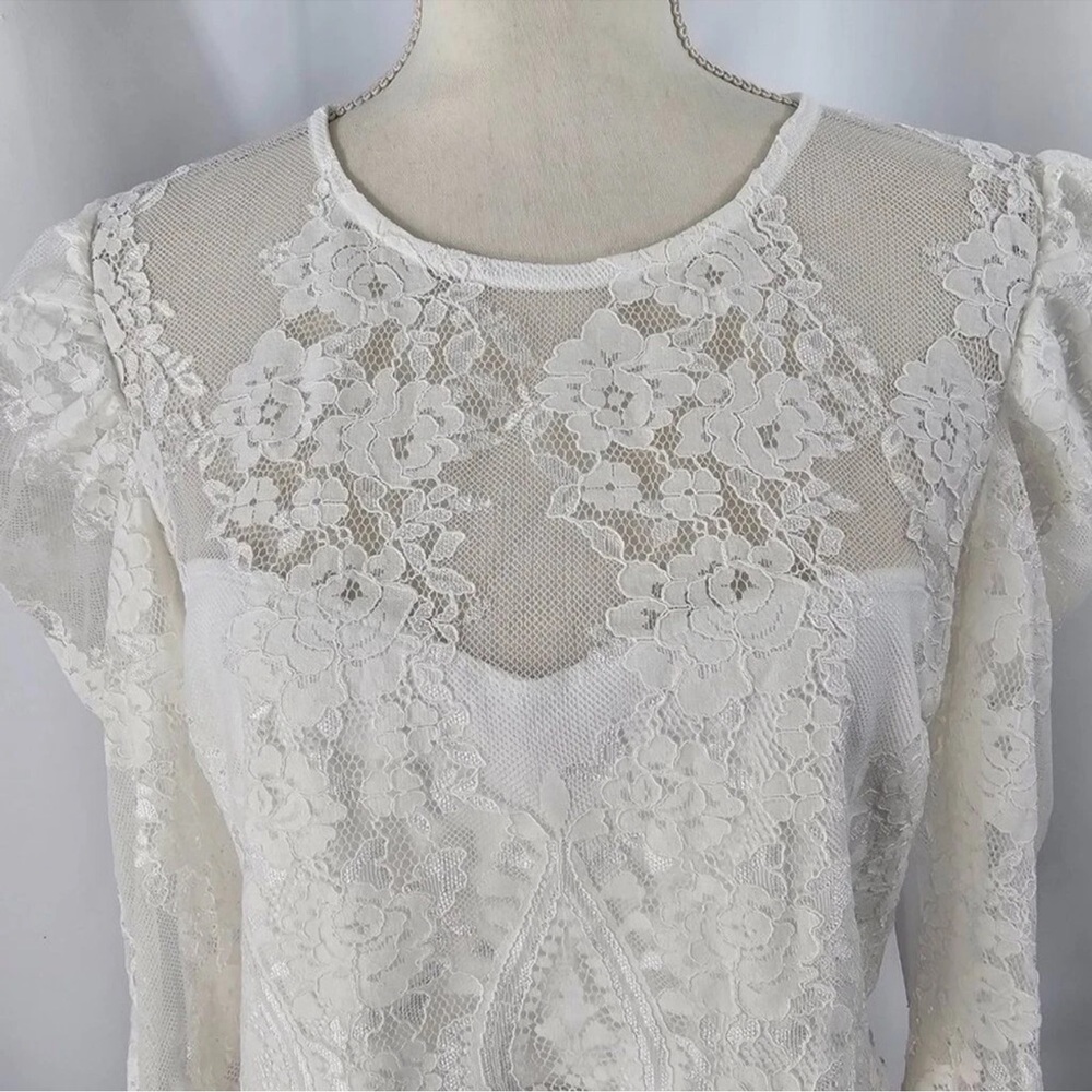 Lulus Women's Ivory Lace Long Puff Sleeve Cropped Blouse Size Medium - Picture 10 of 14